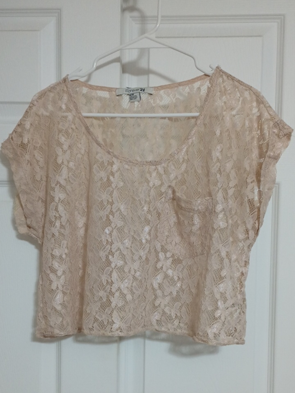 #56.Forever 21 Lace Butterfly Pattern Short Sleeve Crop Top. Size: Medium